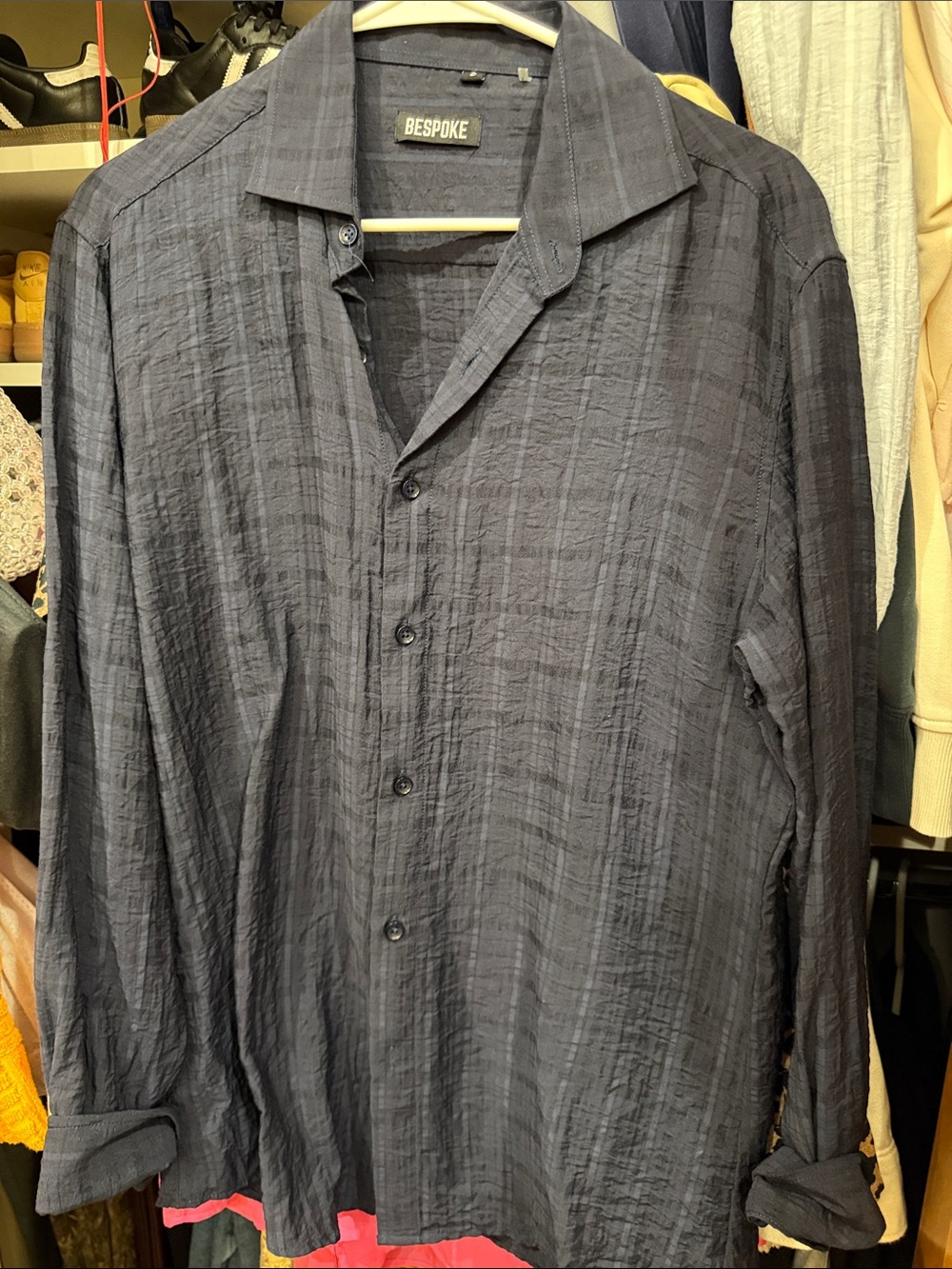 Bespoke Men's Navy Textured Button-Front Shirt Jacket